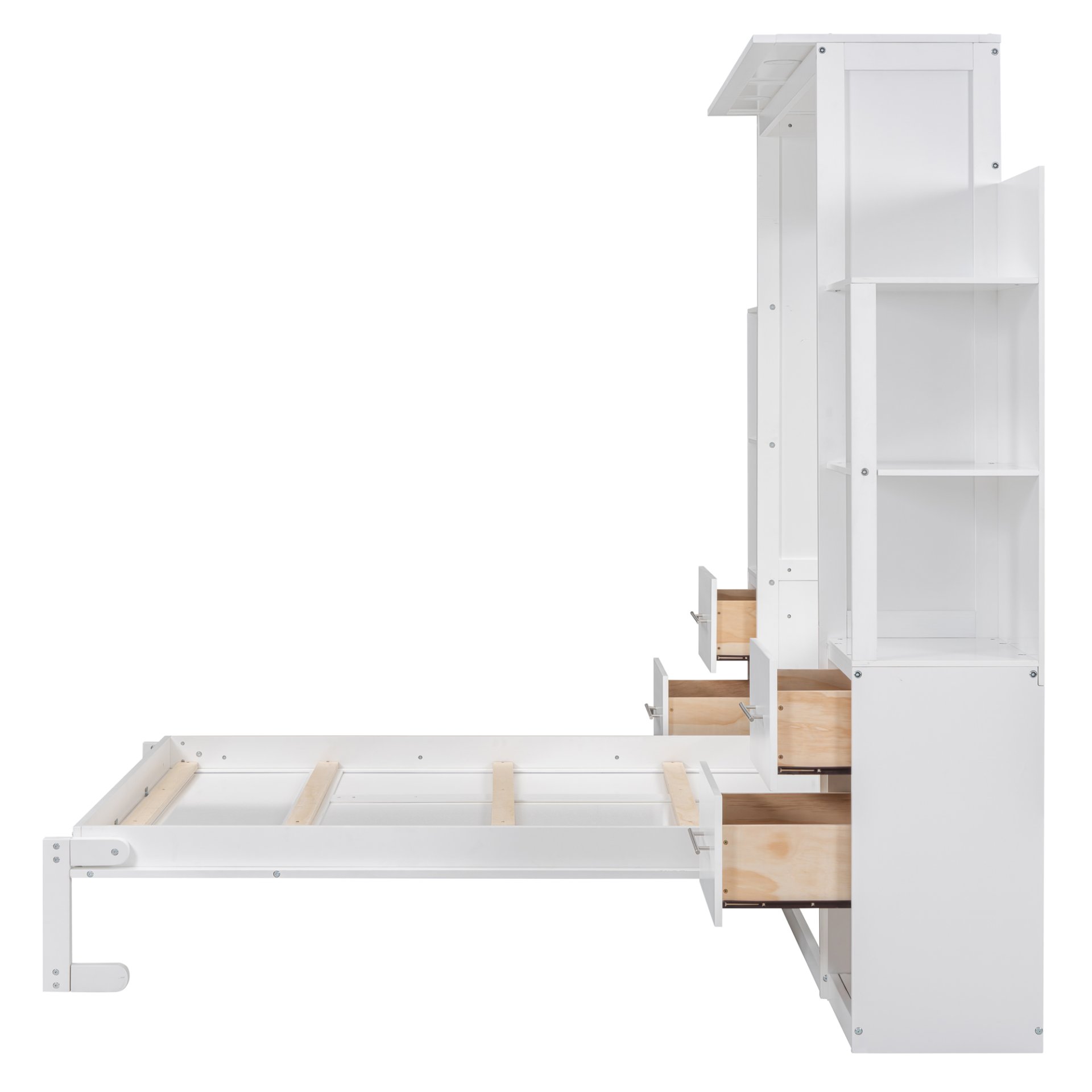Full Size Murphy Wall Bed With Shelves, Drawers And LED Lights - White - Image 7