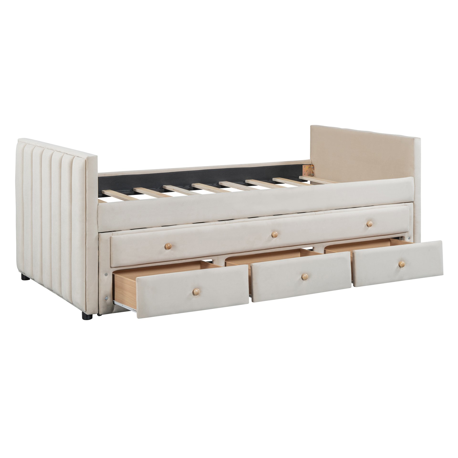 Twin Size Upholstered Daybed With Twin Size Trundle And Drawers - Beige - Image 9