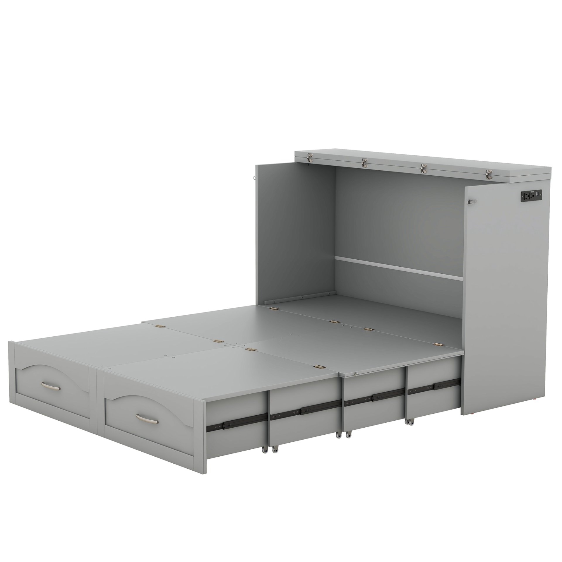 Full Size Murphy Wall Bed With Drawer And A Set Of Sockets & USB Ports, Pulley Structure Design - Gray - Image 8