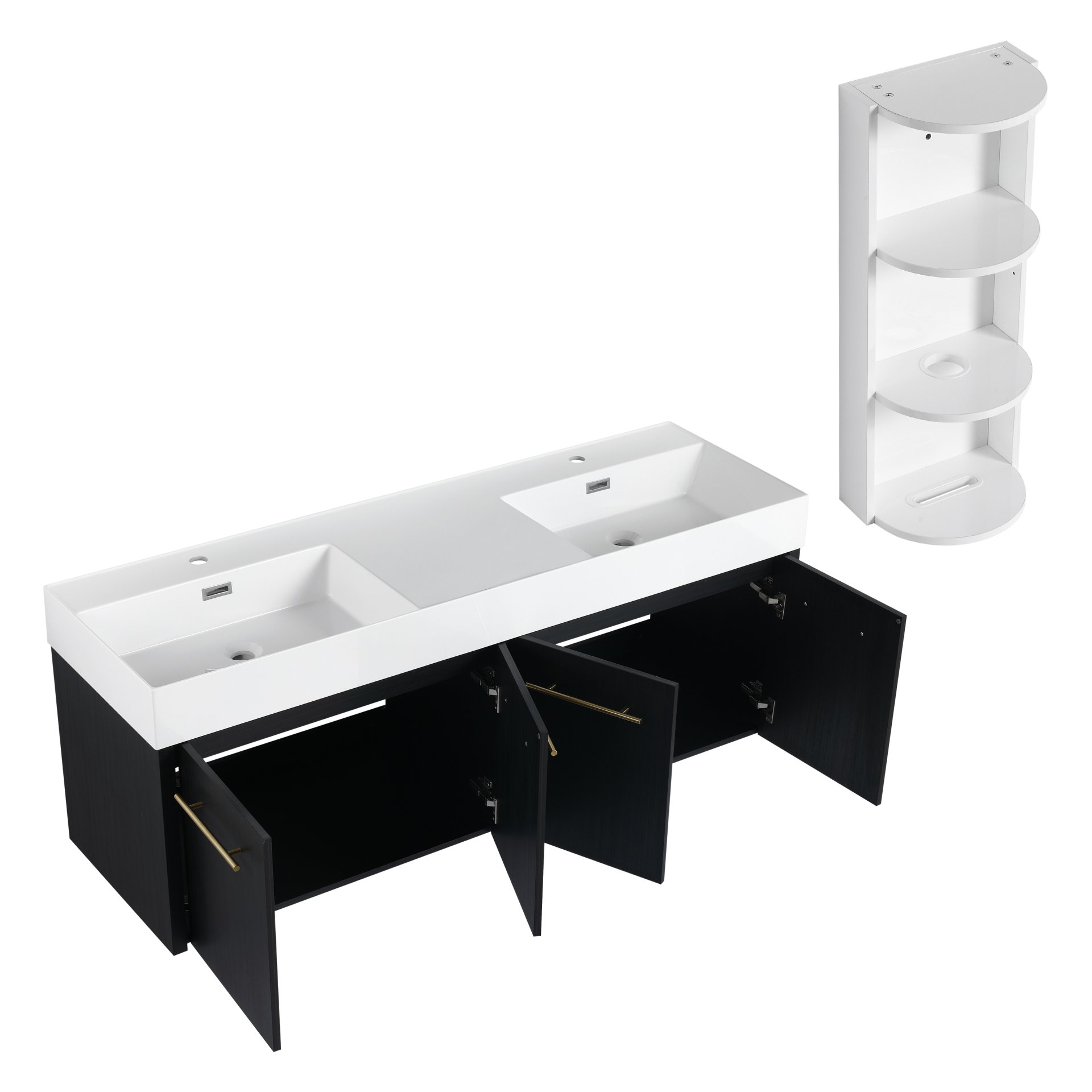 Modern Wall Mounted Bathroom Vanity With Double Resin Sink And Storage Rack - Black Chestnut - Image 14