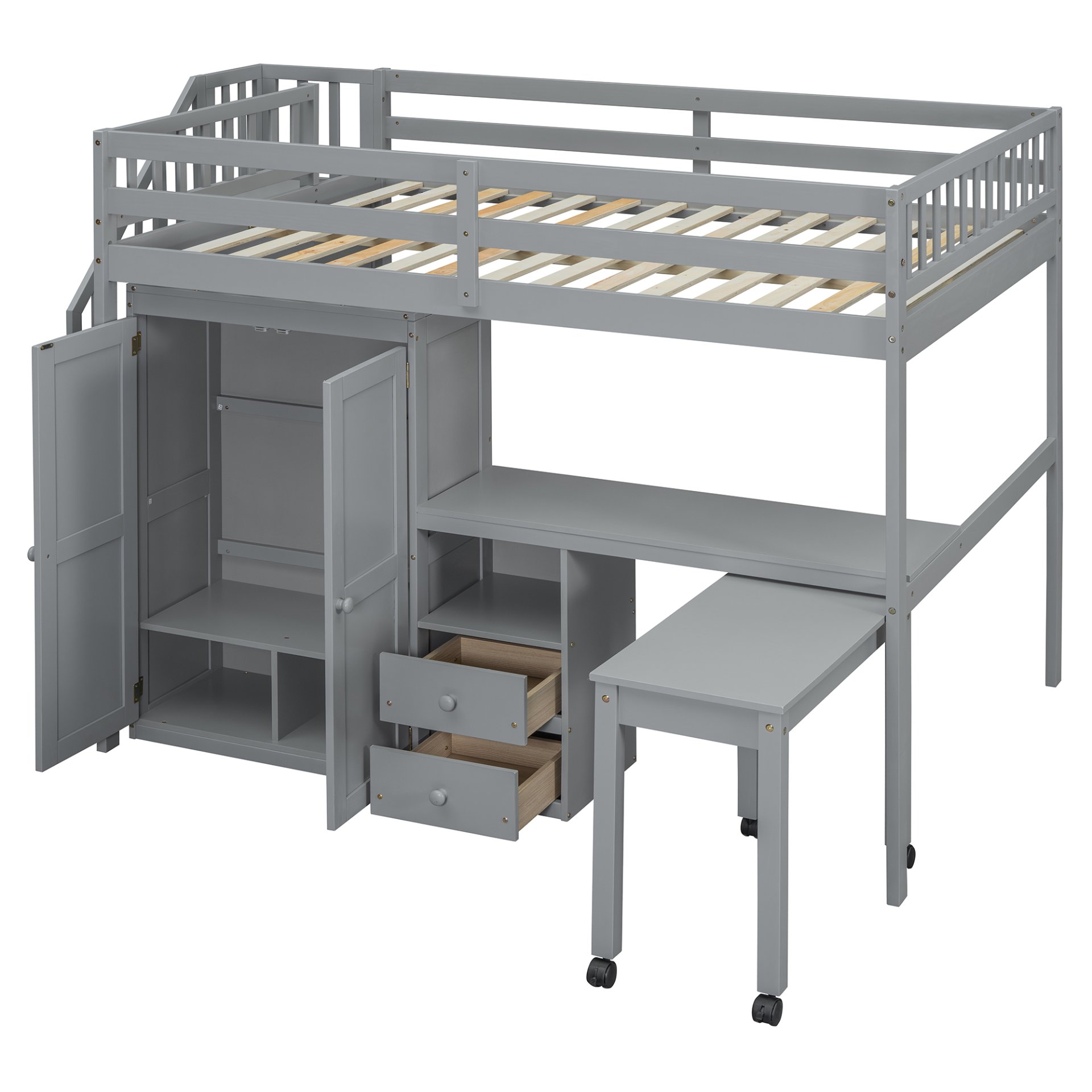 Full Size Loft Bed With Stairs, Bookshelf, Drawers, Desk & Wardrobe, Space Saving Multifunctional Furniture - Gray - Image 5