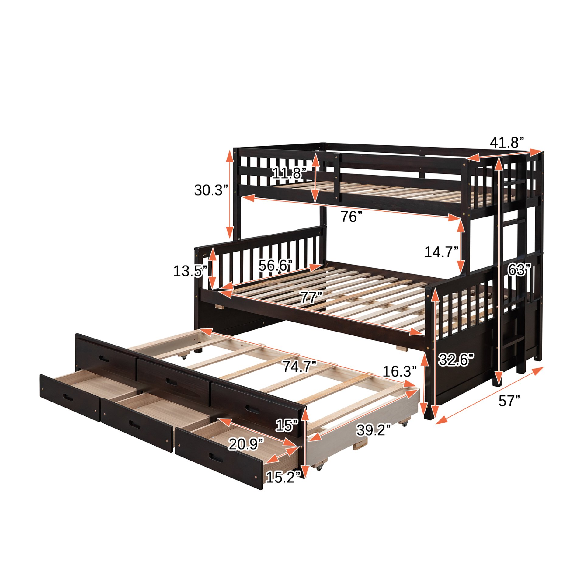 Twin Over Full Bunk Bed With Twin Size Trundle, With Drawers For Bedroom - Espresso - Image 3