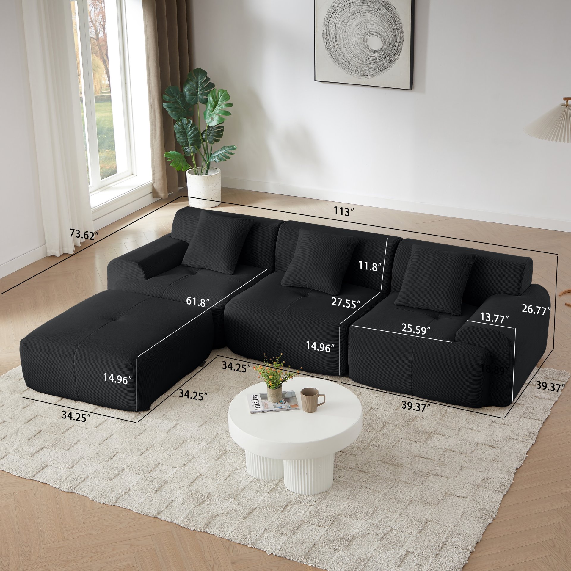 L Shaped Modular Sectional Sofa, Oversized 3 Seater With Deep Seat And Movable Ottoman - Black - Image 3