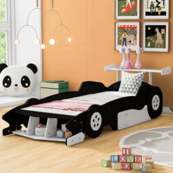 Twin Size Race Car-Shaped Platform Bed With Wheels - Black