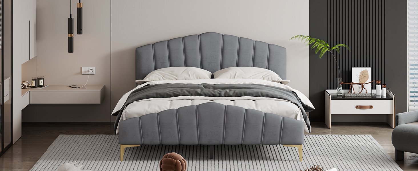 Queen Size Platform Bed With Thick, Stylish Stripe Decorated Bedboard And Elegant Leg - Gray - Image 16