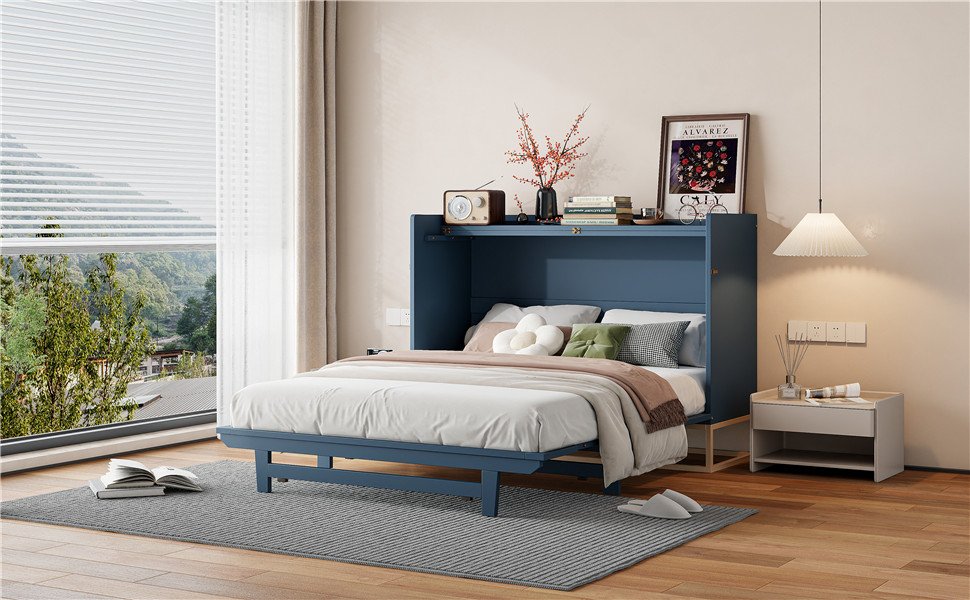 Queen Size Murphy Bed With Iron Legs, Modern Design - Blue - Image 23