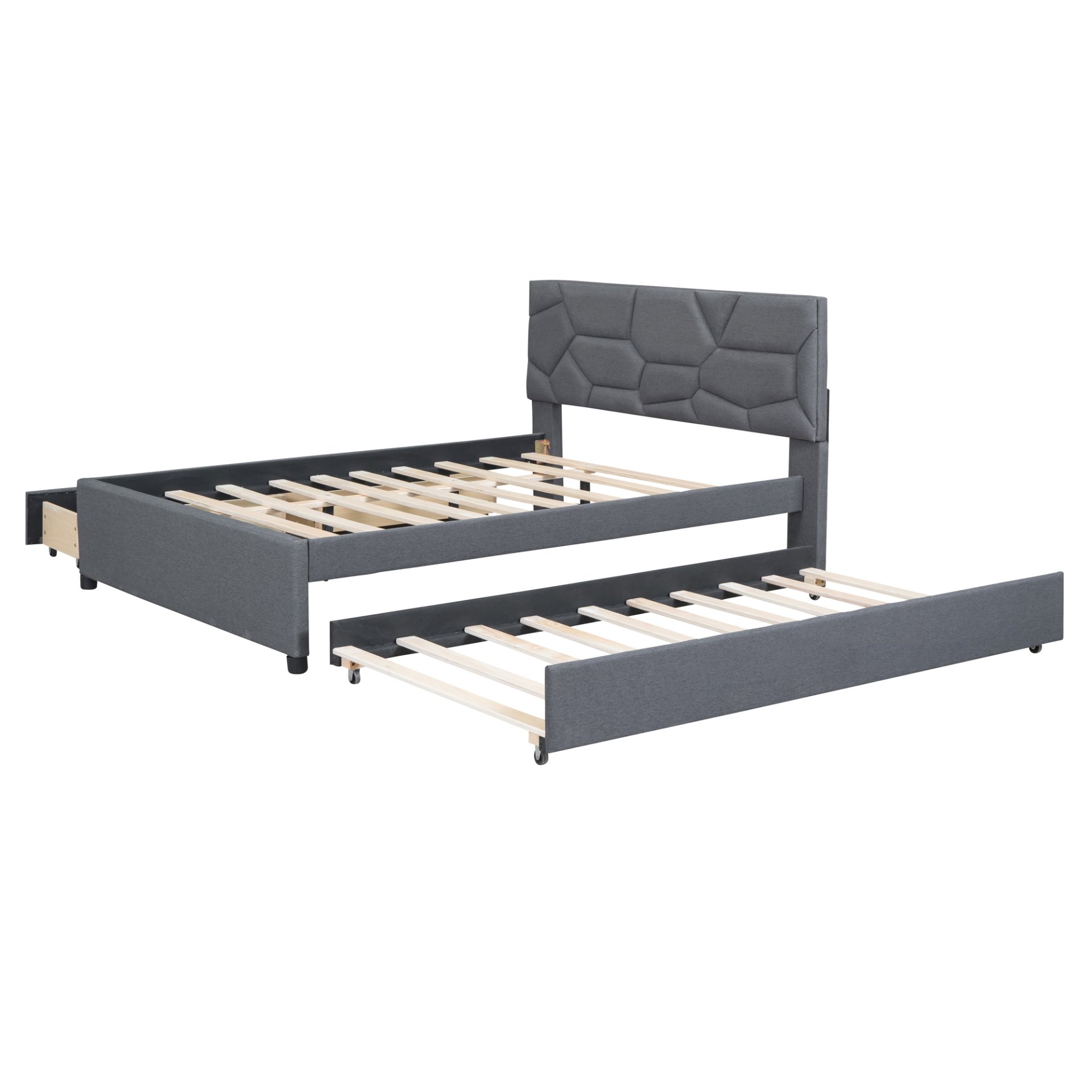 Full Size Upholstered Platform Bed With Brick Pattern Headboard, With Twin Size Trundle And 2 Drawers - Gray - Image 10