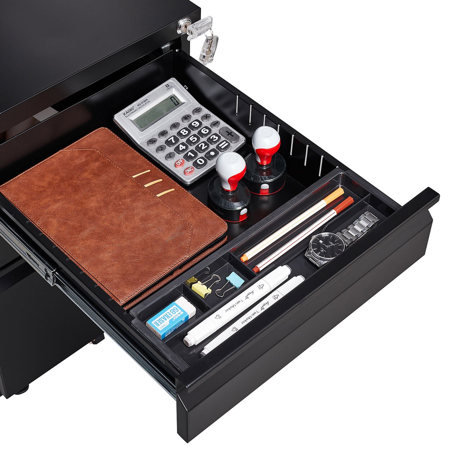 Contemporary 3 Drawer Mobile Filing Cabinet With Lock, Metal Office Storage For Legal / Letter Size - Black - Image 9
