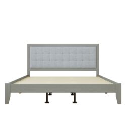 King Size Mid Century Solid Wood Platform Bed With Upholstered Headboard - Gray
