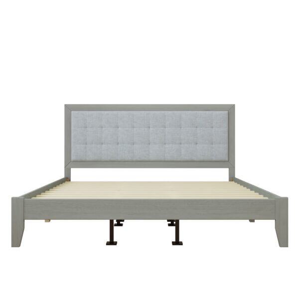 King Size Mid Century Solid Wood Platform Bed With Upholstered Headboard - Gray