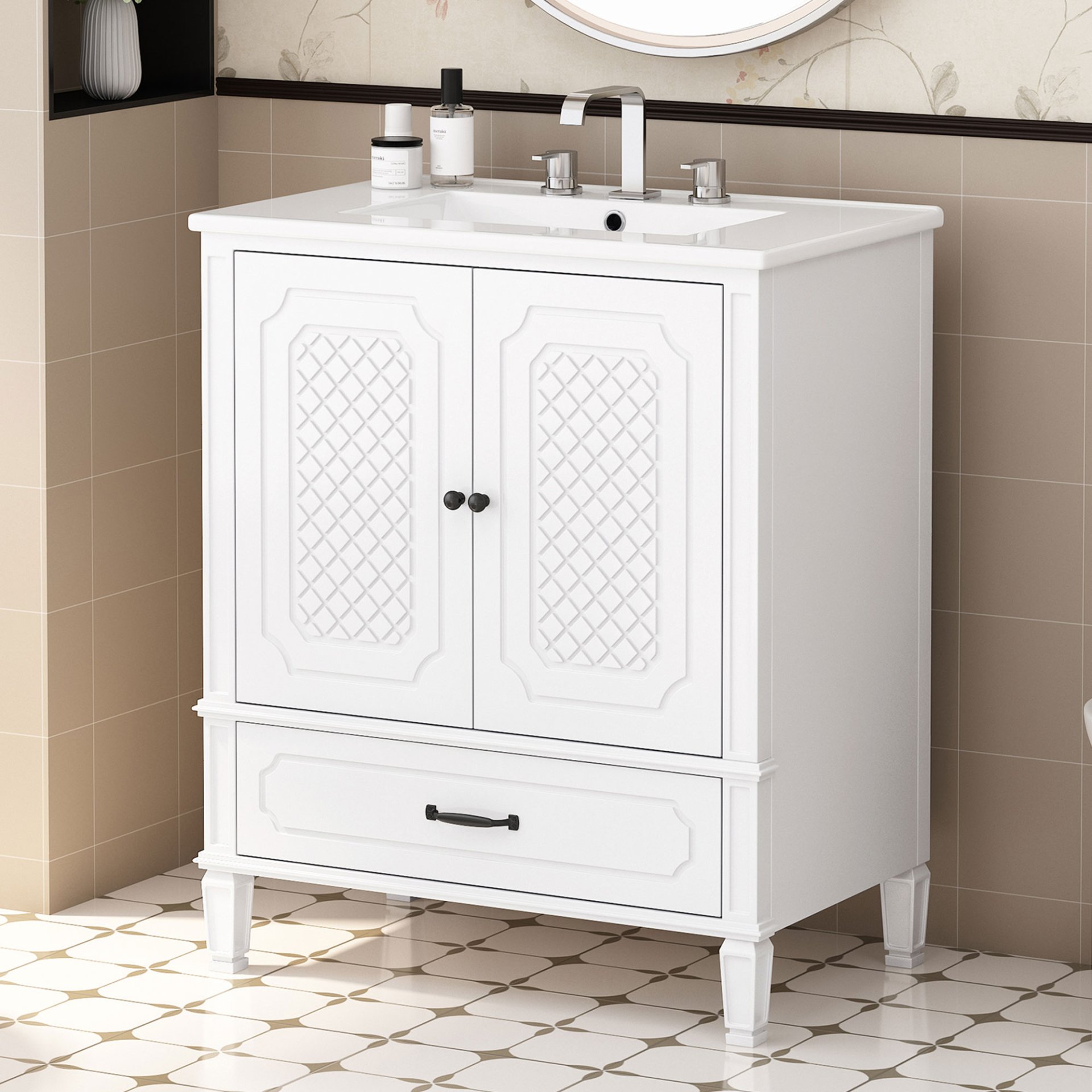 Vintage Style 30" Bathroom Vanity With Sink, Multi Functional Storage, Soft Closing Door - White - Image 4