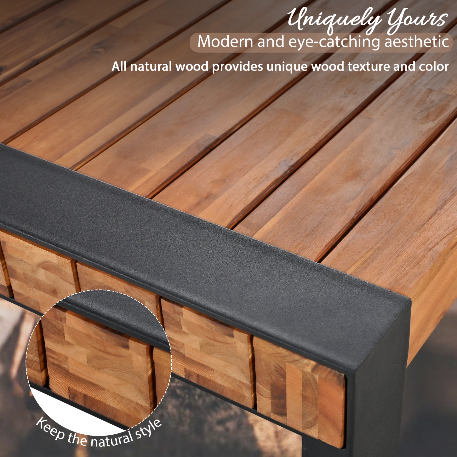 3 Pieces Outdoor Dining Table With 2 Benches, Patio Dining Set With Unique Top Texture, Acacia Wood Top & Steel Frame, All Weather Use, For Outdoor & Indoor - Natural - Image 8