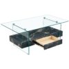 Modern 2 Tier Coffee Table Clear Tempered Glass Top With Marble Texture & Multifunctional Storage Design - Black / Transparent - Image 12