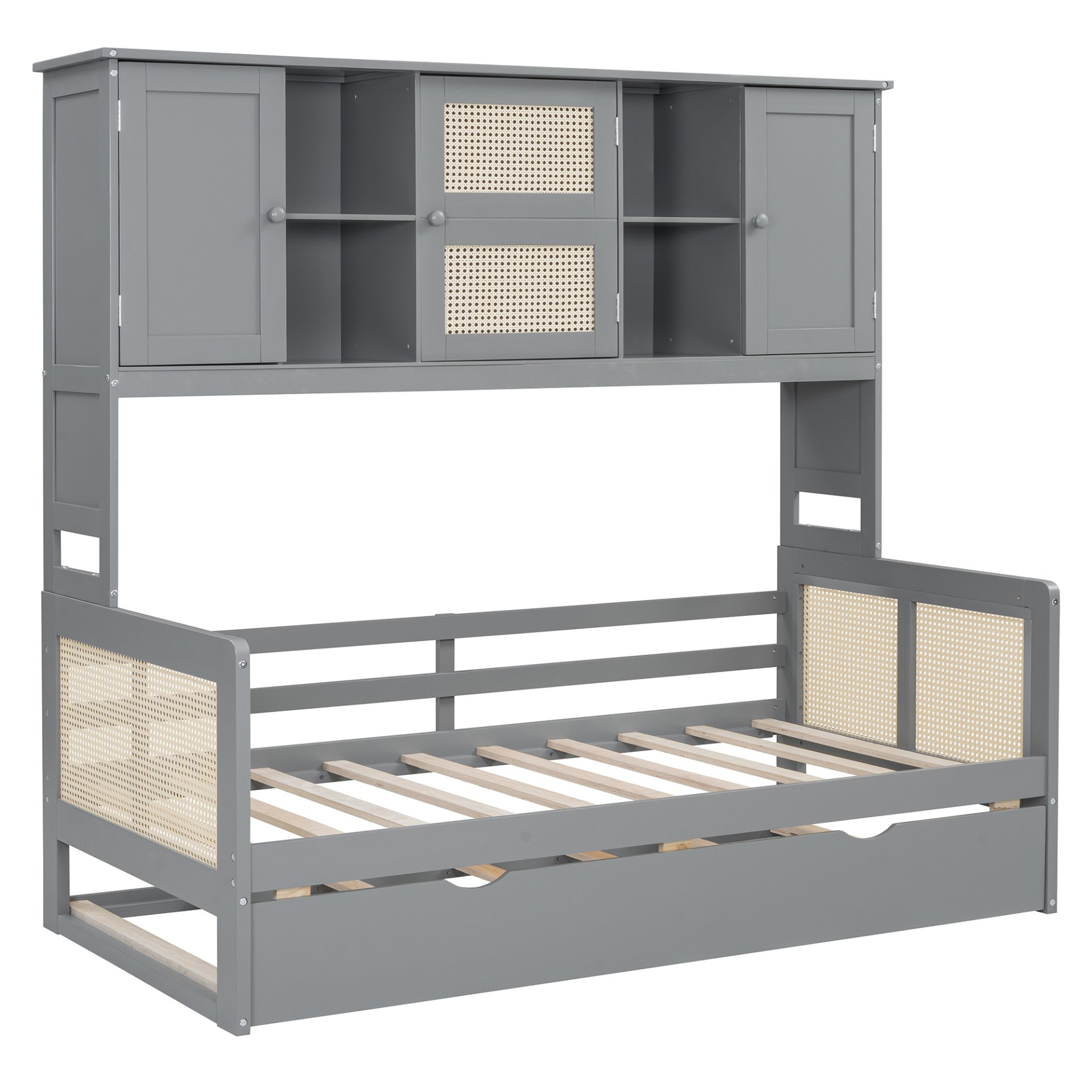 Twin Size Wooden Daybed With Twin Size Trundle, And All In One Cabinet And Shelf - Gray - Image 10