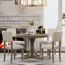 5 Piece Retro Round Dining Table Set With Curved Trestle Style Table Legs And 4 Upholstered Chairs For Dining Room - Taupe