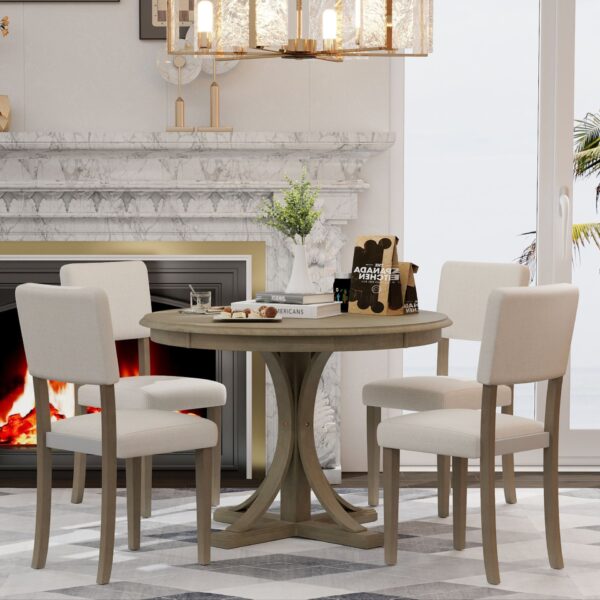 5 Piece Retro Round Dining Table Set With Curved Trestle Style Table Legs And 4 Upholstered Chairs For Dining Room - Taupe