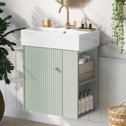 Modern Floating Bathroom Vanity With Ceramic Basin, Perfect For Small Bathrooms, Right Side Storage - Green