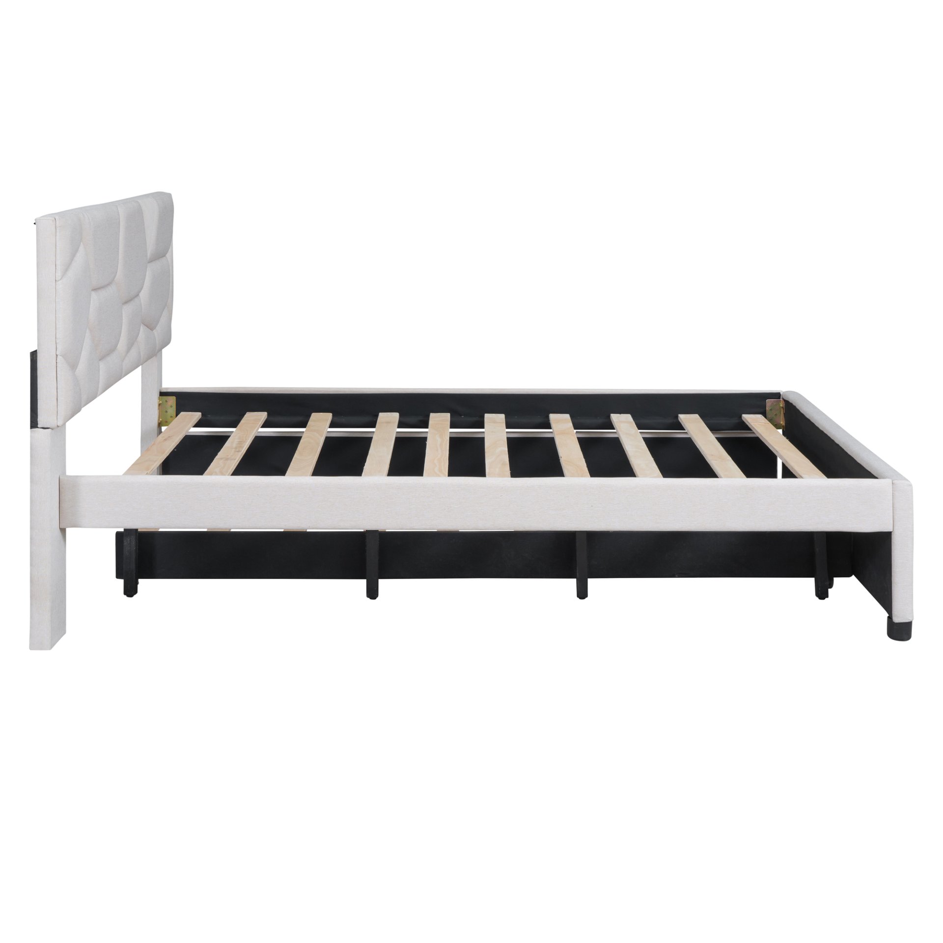 Full Size Upholstered Platform Bed With Brick Pattern Headboard And Twin Size Trundle - Beige - Image 7