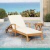 Versatile Chaise Lounge With Wheels Acacia Wood Recliner For Patio - Cream - Image 2