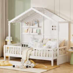 Twin Size House Bed With Shelves, Window And Sparkling Light Strip On The Roof - White