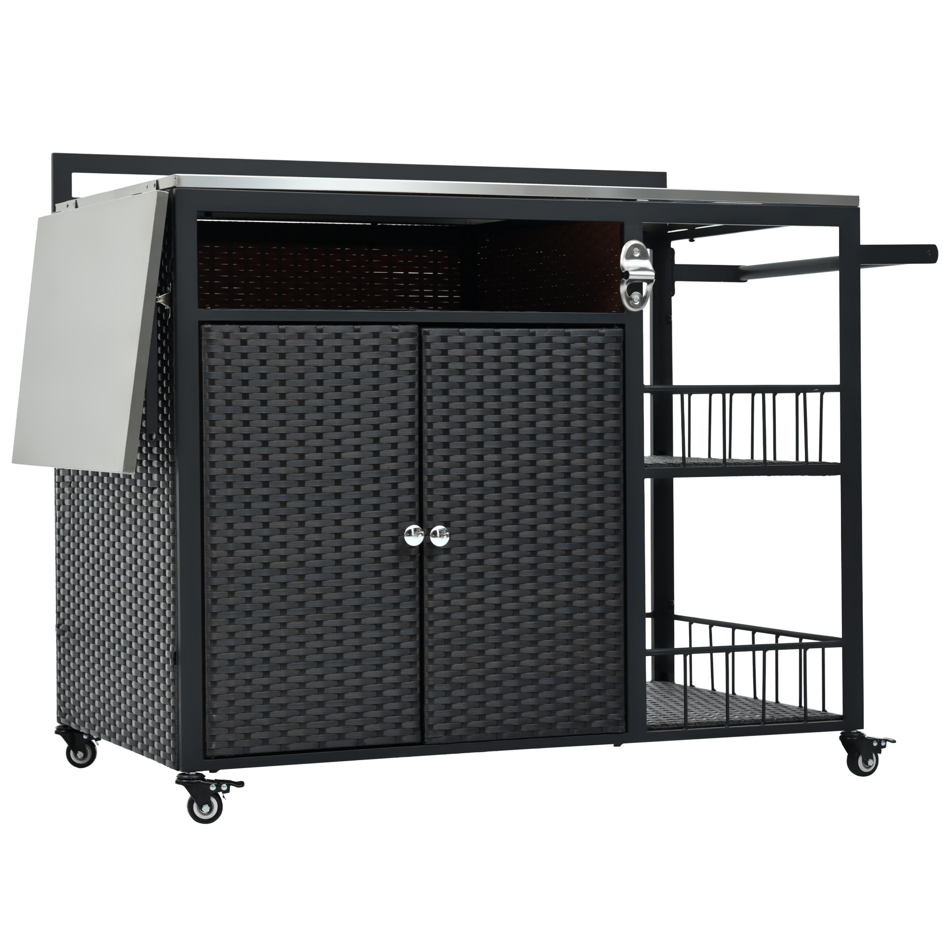 Outdoor Kitchen Island With Storage, Cooking Station, Grill Cart, Foldable Tabletop, And Bottle Opener - Dark Brown - Image 21