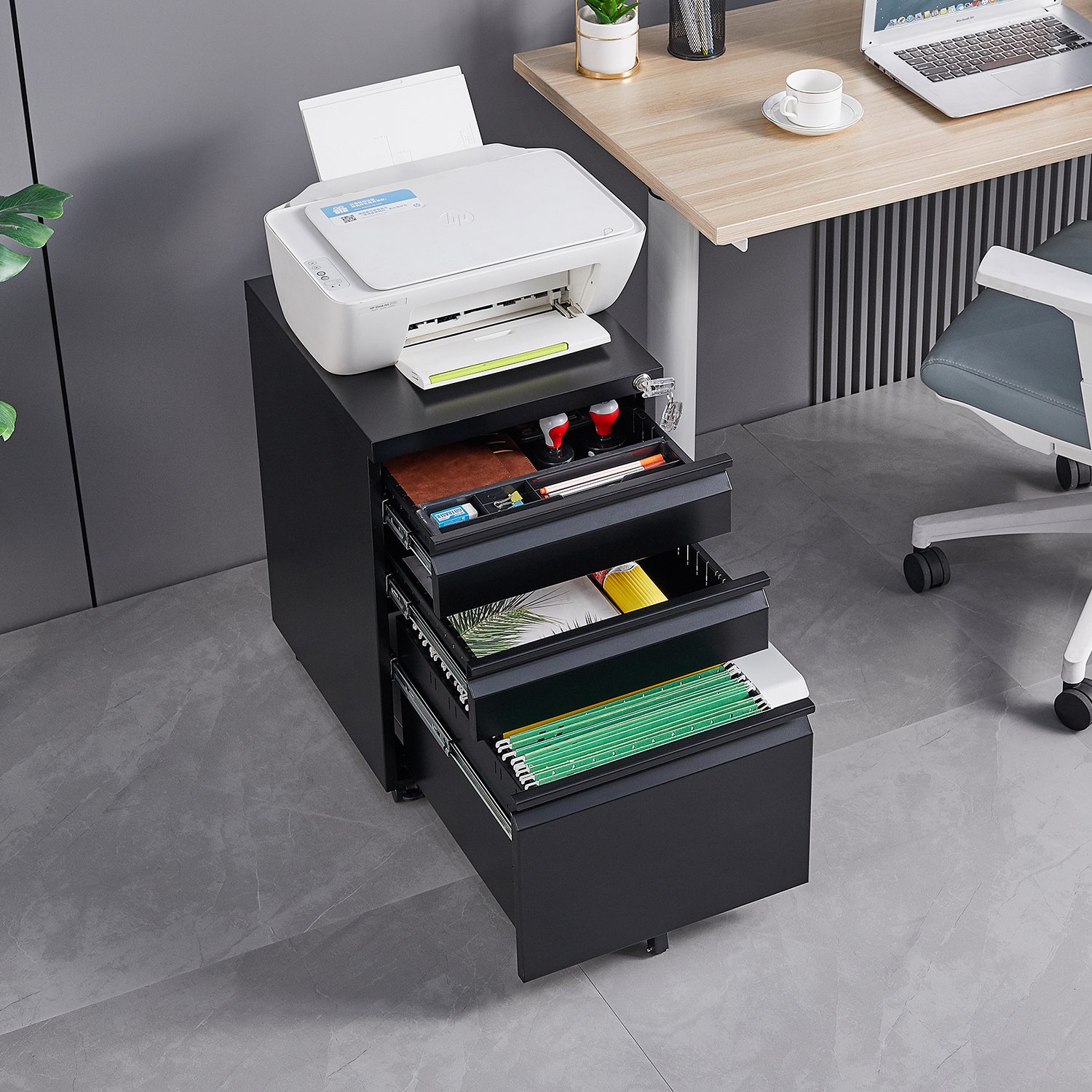 Contemporary 3 Drawer Mobile Filing Cabinet With Lock, Metal Office Storage For Legal / Letter Size - Black - Image 5