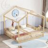 Double Twin House-Style Floor Bed With Fence, Guardrails, Without Door - Natural - Image 8