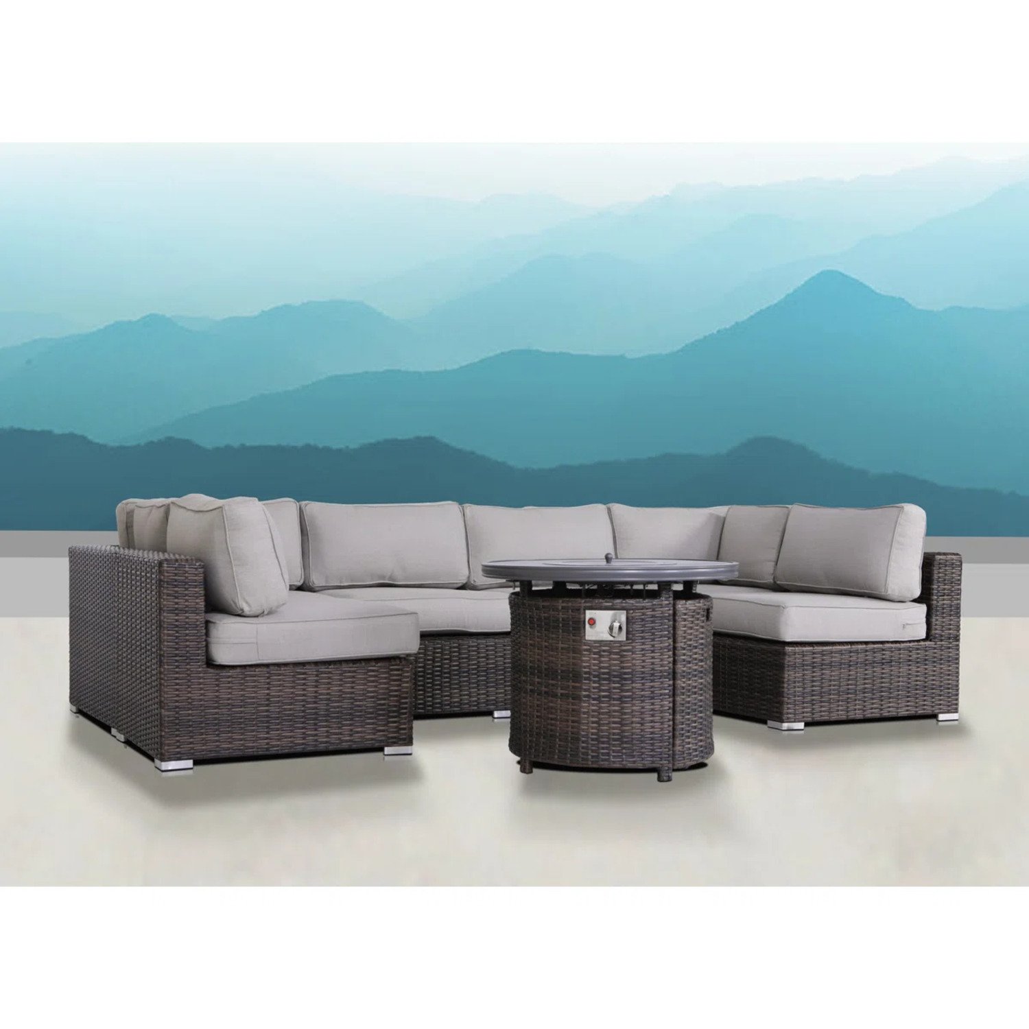 4 Person Wicker Outdoor Lounge Set With Cushions And Fire Pit - Brown / Gray - Image 2