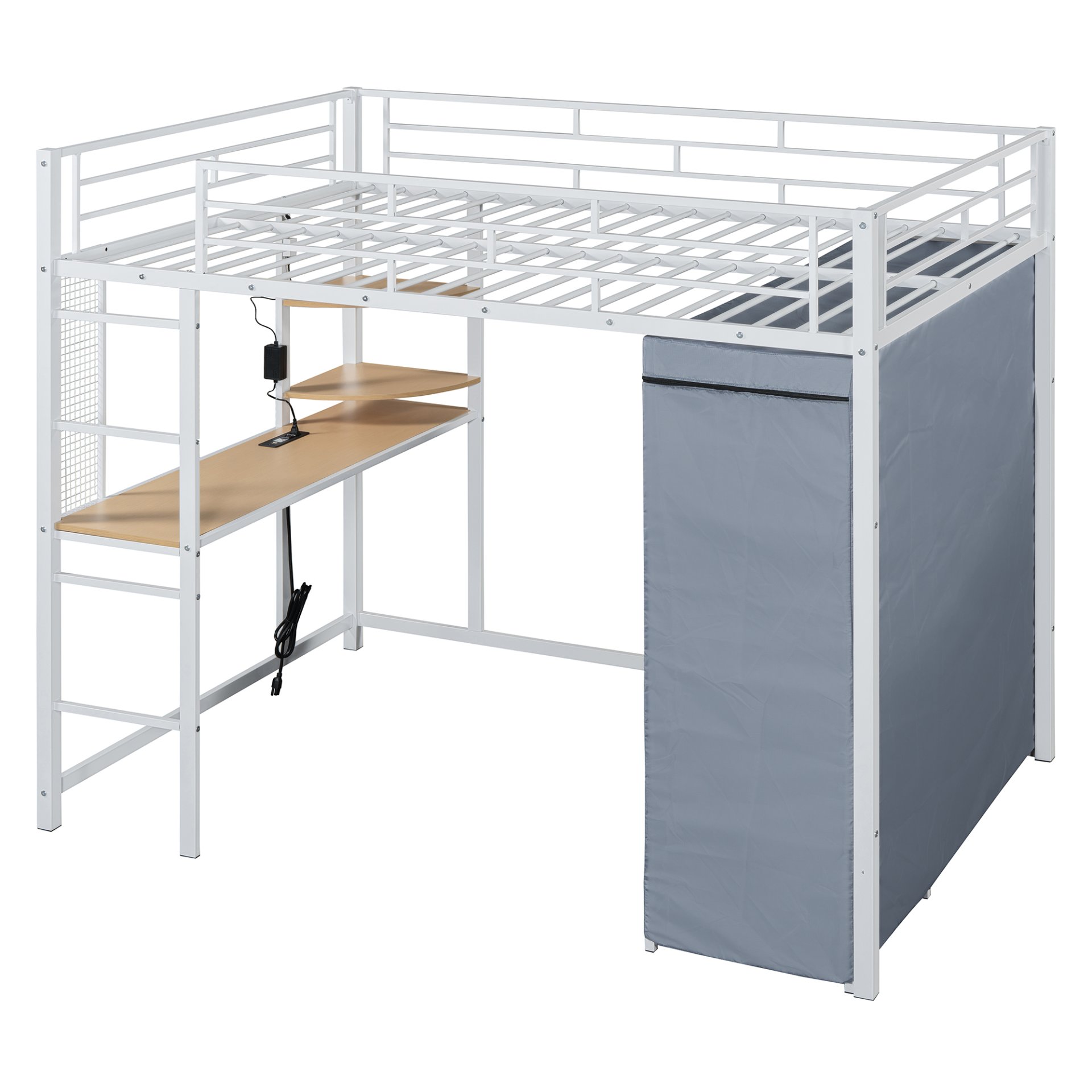 Full Size Loft Bed With Desk, Shelves, Power Outlet, LED Light And Wardrobe - White - Image 3