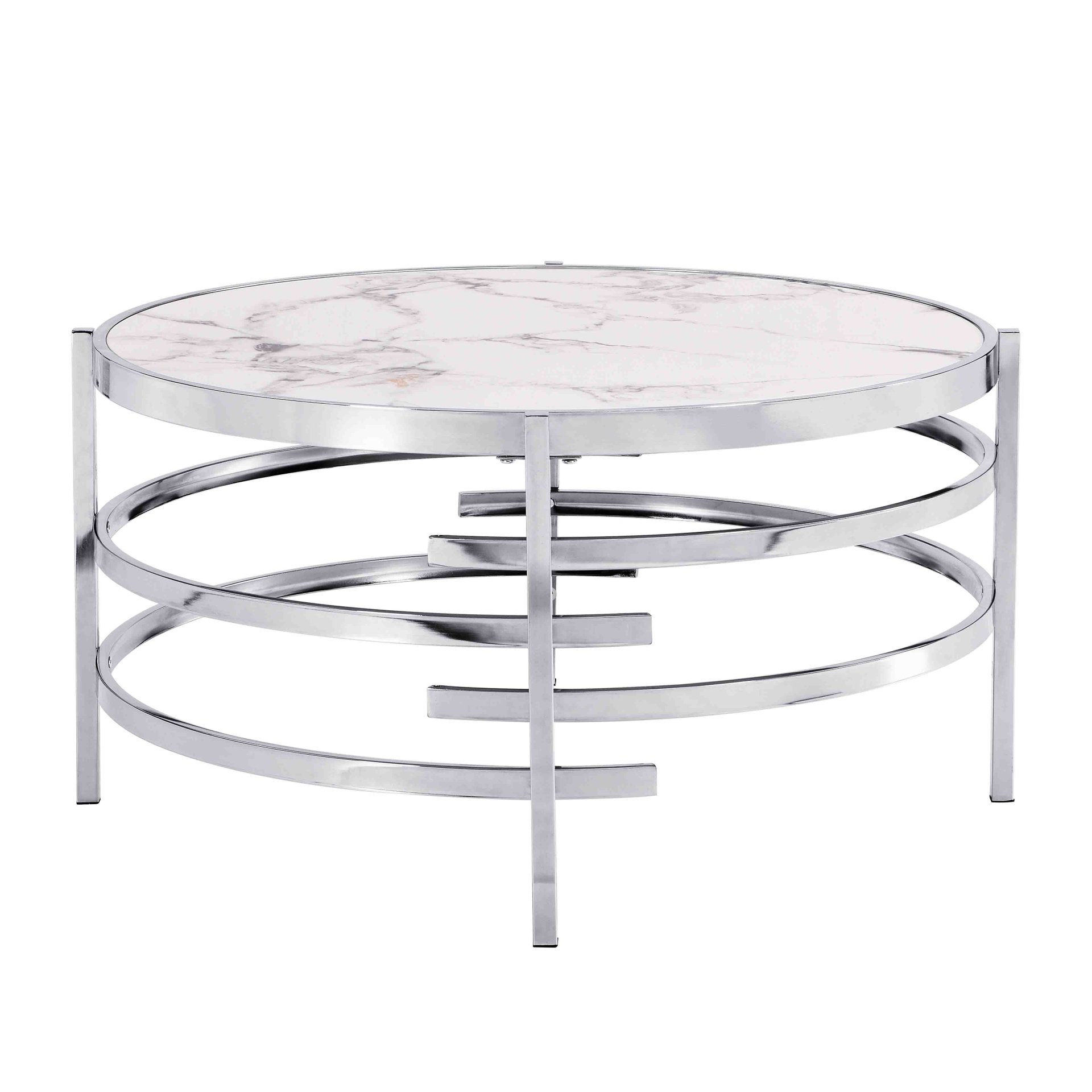 32.48'' Chrome Round Coffee Table With Sintered Stone Top & Sturdy Metal Frame, Modern Coffee Table For Living Room - Silver - Image 5