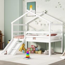 Twin Low Loft House Bed With Slide, Ladder, Safety Guardrails, House Roof Frame - White