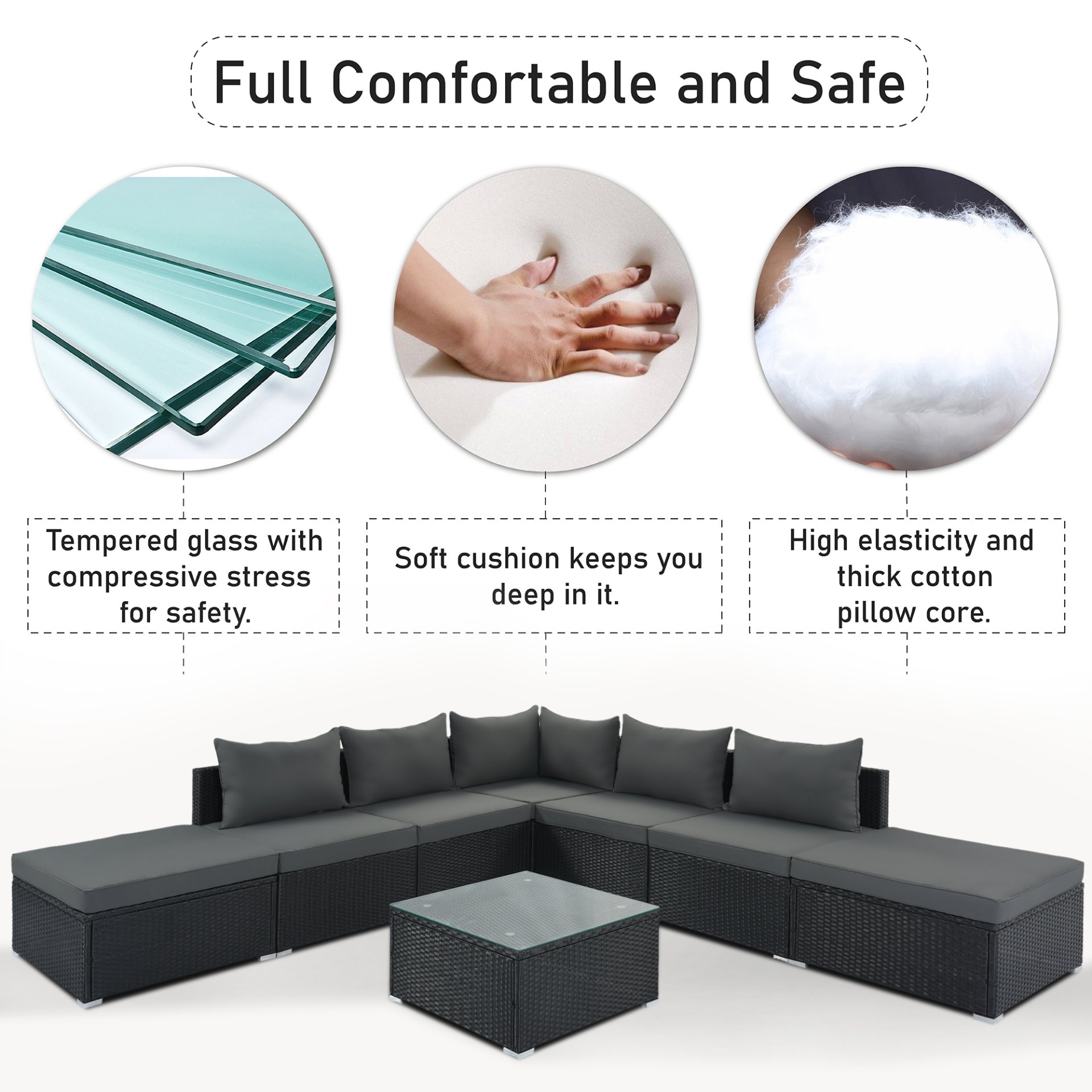 8 Pieces Outdoor Patio Furniture Sets, Garden Conversation Wicker Sofa Set, Single Sofa Combinable - Gray / Black - Image 9