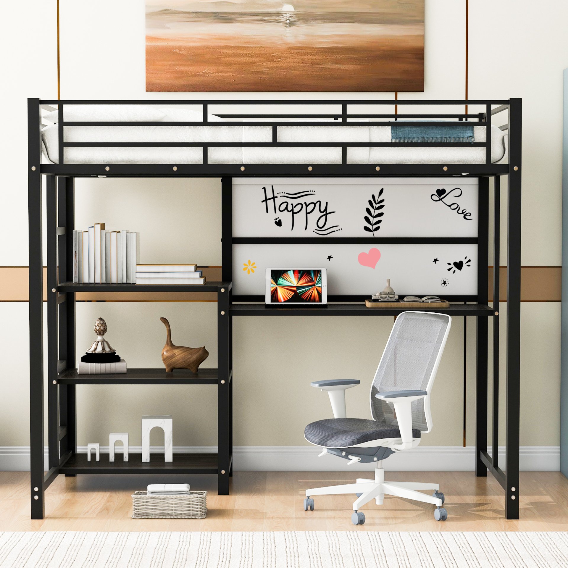 Twin Size Loft Bed With Desk And Whiteboard With 3 Shelves And Ladder - Black - Image 2