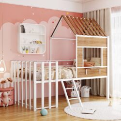 Twin Size Loft Bed With Roof, Window, Guardrail, Ladder - White