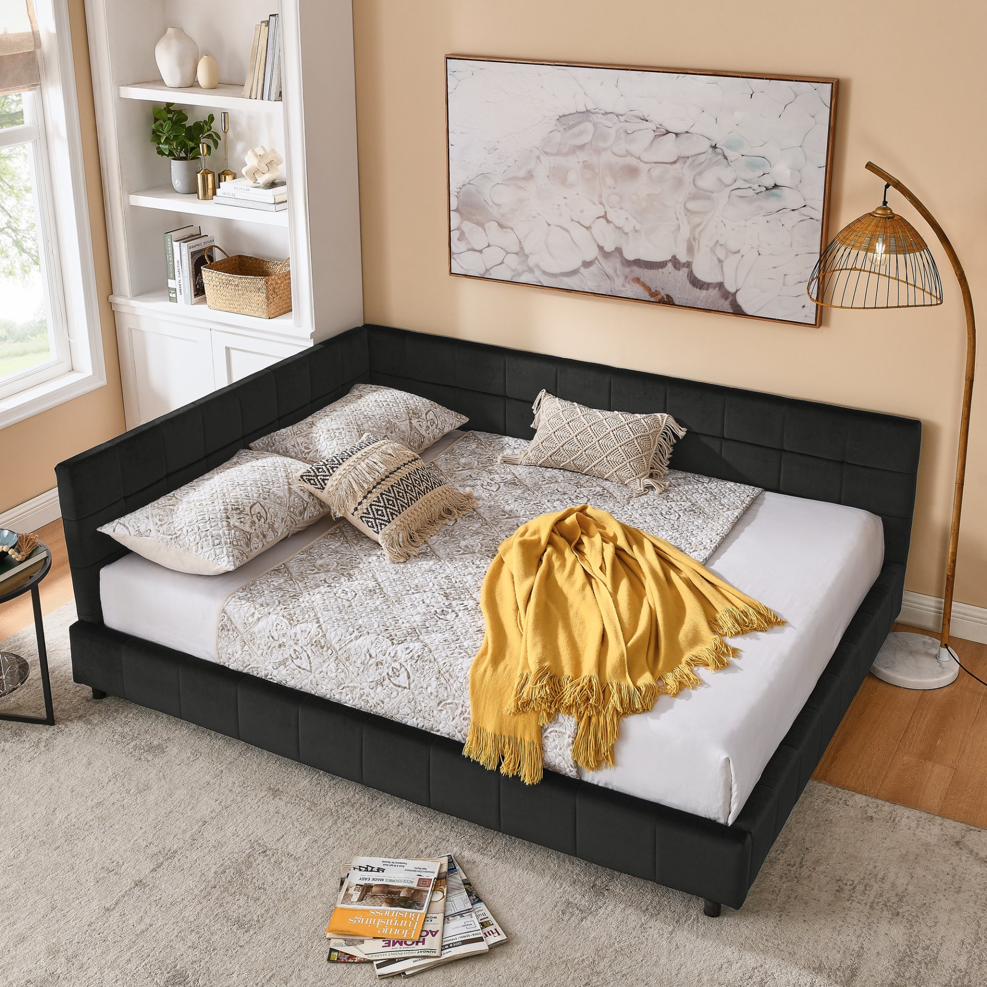 Mid Century Velvet Queen Size Upholstered Tufted Bed Frame With Backrest And Armrests - Black - Image 5