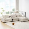 Sectional With Bluetooth Speakers L Shaped Couch With Console USB Charger, Cup Holders Storage Ottoman Deep And Wide Seat Cloud Sofa - Cream - Image 16