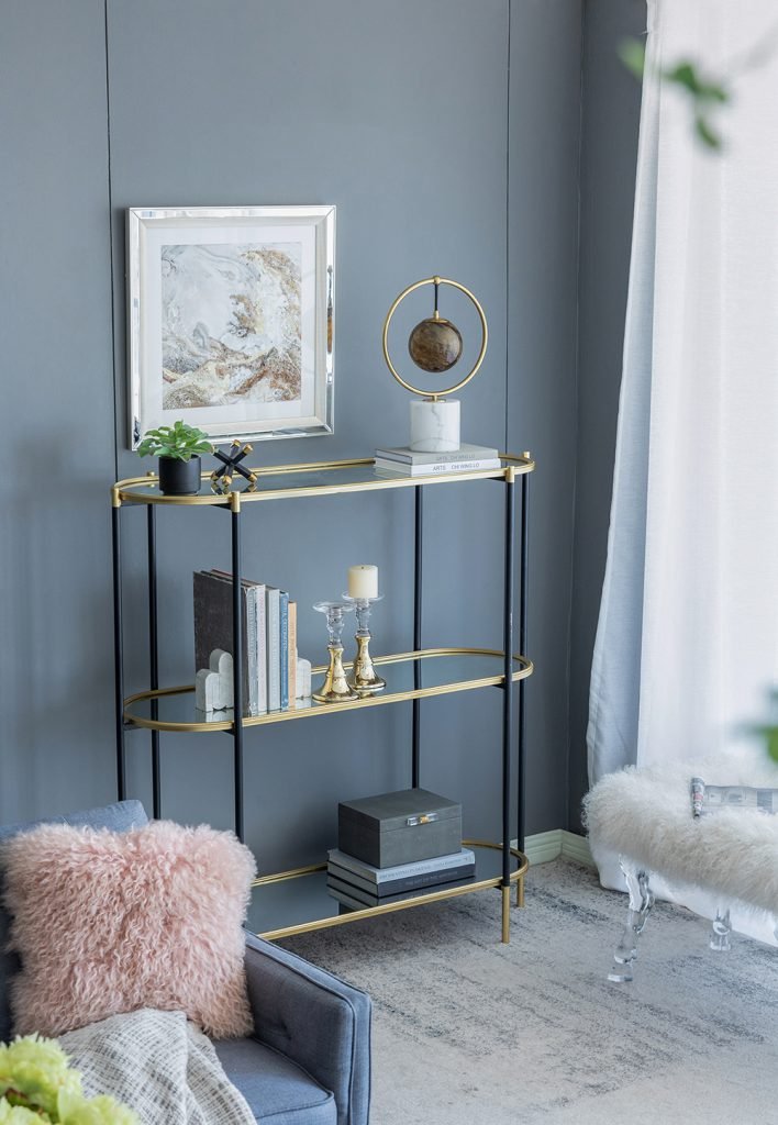 3 Tier Metal Console Table, Mirrored Shelf - Golden Black - Image 9
