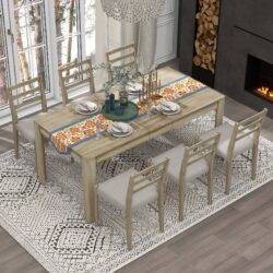 7 Piece Wooden Dining Table Set Mutifunctional Extendable Table With Leaf And 2 Drawers, 6 Dining Chairs With Soft Cushion - Natural Wash