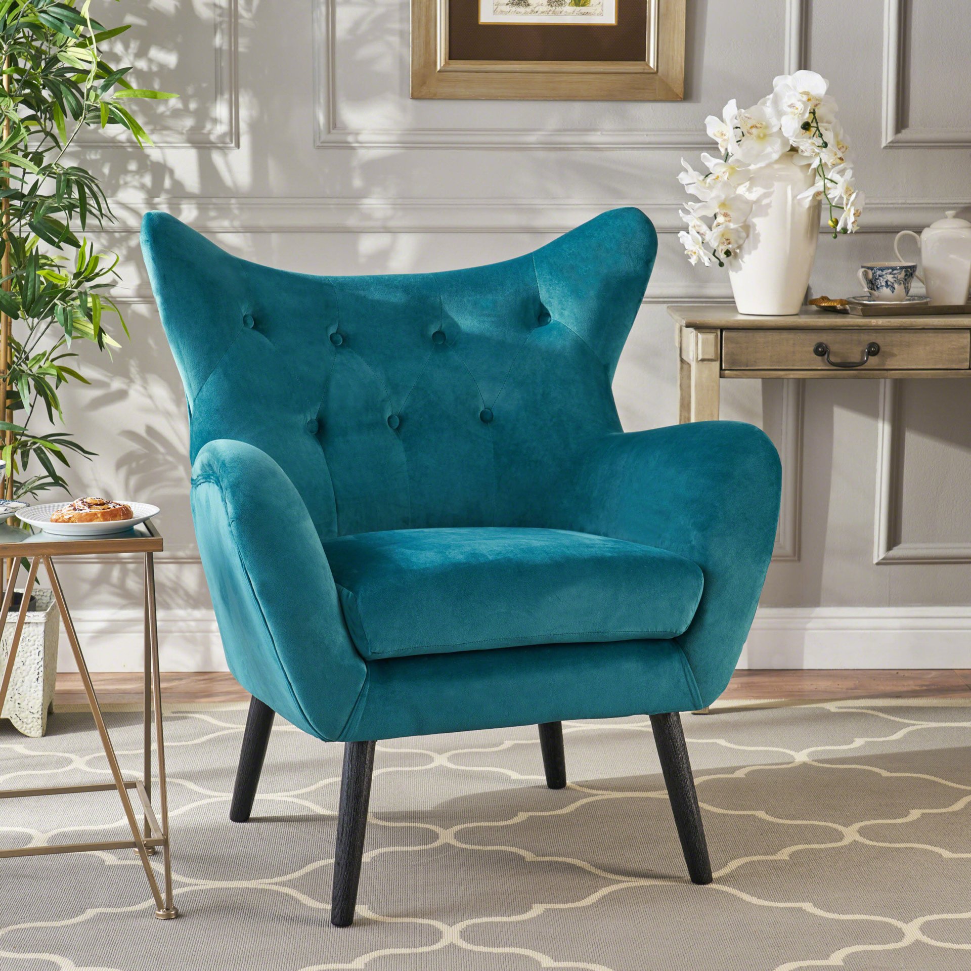 Alyssa - Velvet Arm Chair With Wingback Design - Teal - Image 4
