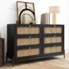 Modern Cannage Rattan Wood Closet 6 Drawer Dresser Wood Storage Cabinet Sideboard For Bedroom, Living Room, Entryway, Hallway - Black - Image 2
