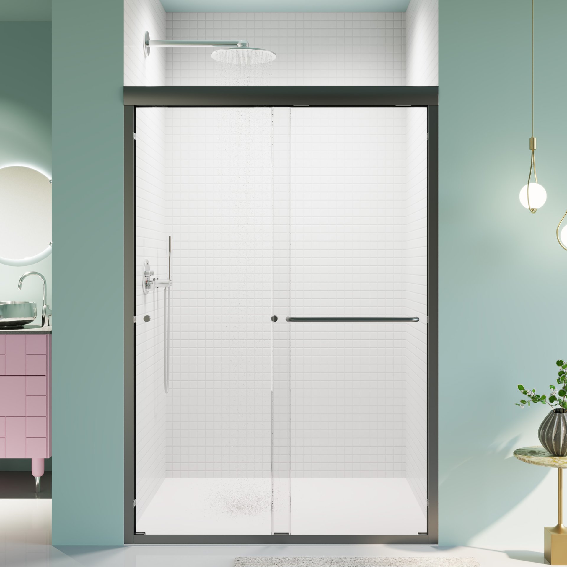 Semi Frameless Double Sliding Shower Door - Black - Image 2