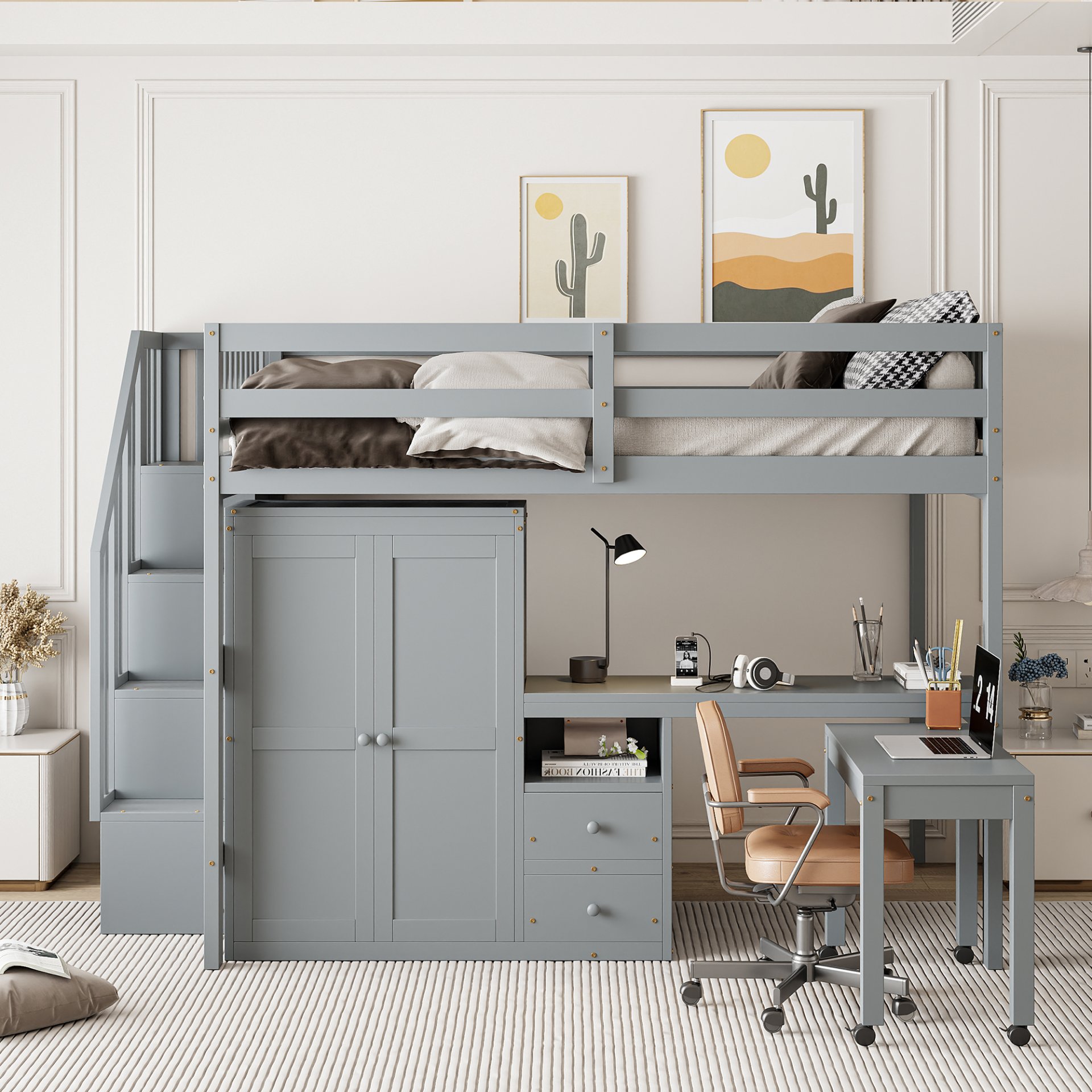 Full Size Loft Bed With Stairs, Bookshelf, Drawers, Desk & Wardrobe, Space Saving Multifunctional Furniture - Gray - Image 2