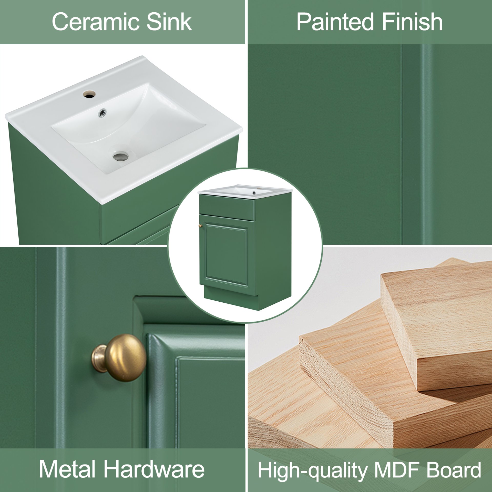 20" Bathroom Vanity With Sink, Freestanding Cabinet With Door Shelf And Adjustable Shelf, And Ceramic Construction - Green - Image 5
