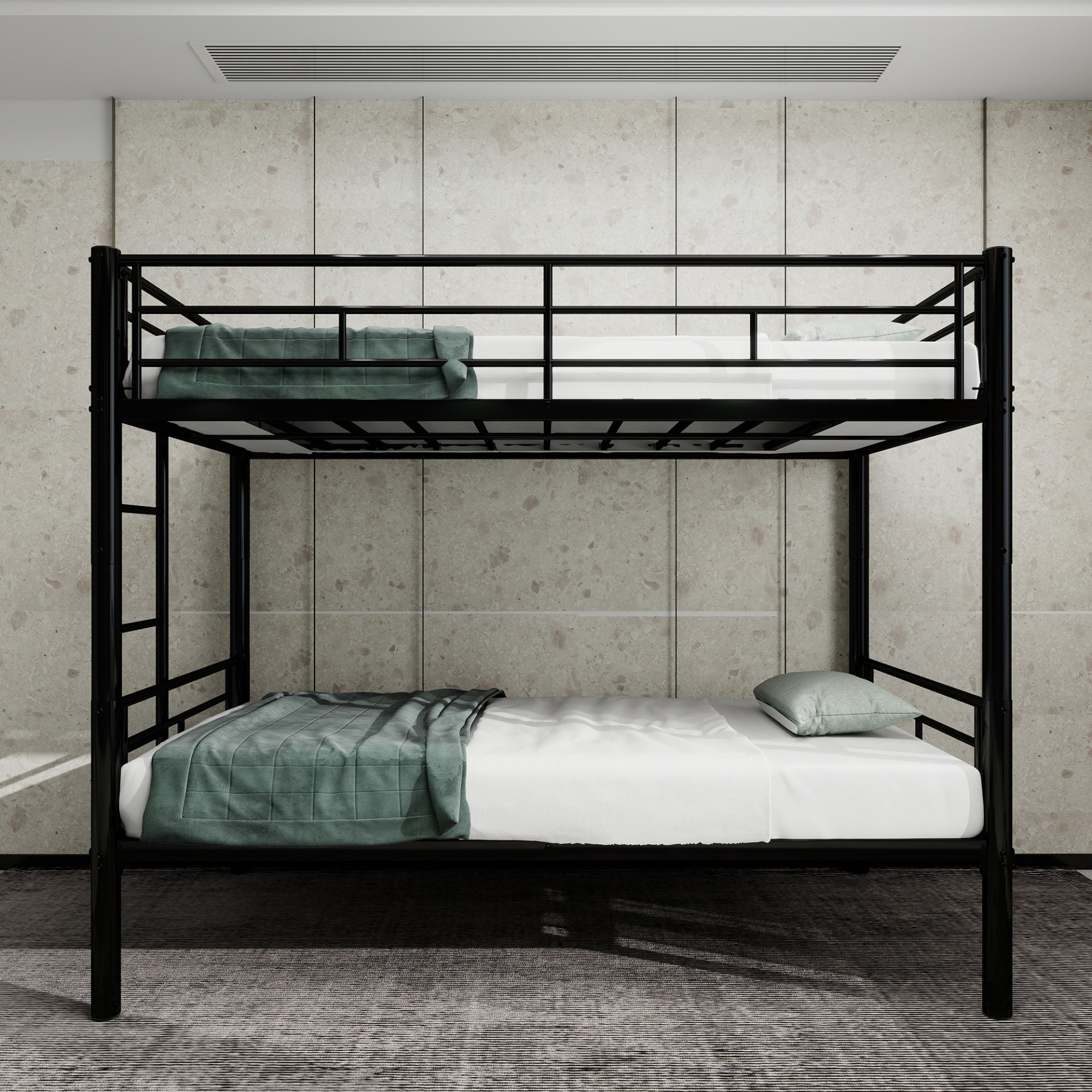 Twin Over Twin Bunk Bed For Kids, Convertible Frame With Ladders & Guardrail - Black - Image 2