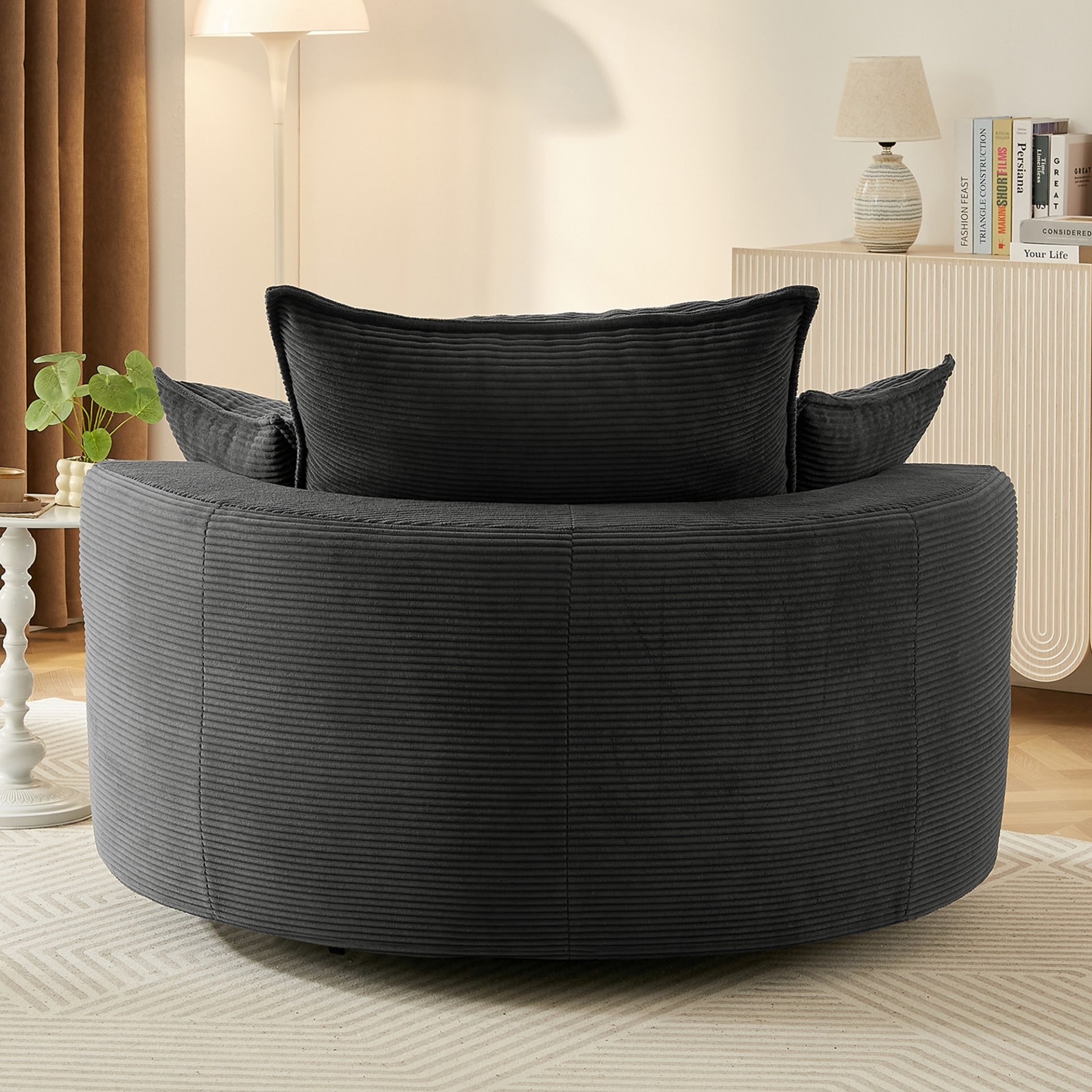 Modern 360° Swivel Sofa Chair With Dual Layer Cushion And Removable Pillows Corduroy - Black - Image 13