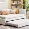 Twin Size Sofa Bed Upholstered Daybed With Trundle Frame No Box Spring Needed, Linen - Beige - Image 16