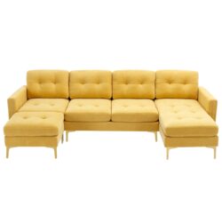 Modern Velvet L - Shape Convertible Sectional Sofa With Movable Ottoman - Yellow