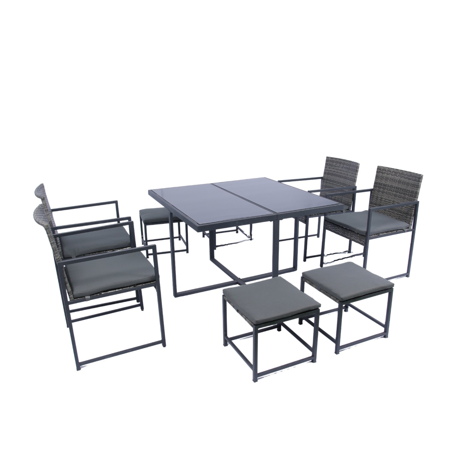 9 Pieces Patio Dining Sets Outdoor Space Saving Rattan Chairs With Glass Table Top Wicker And Cushion - Dark Gray - Image 15