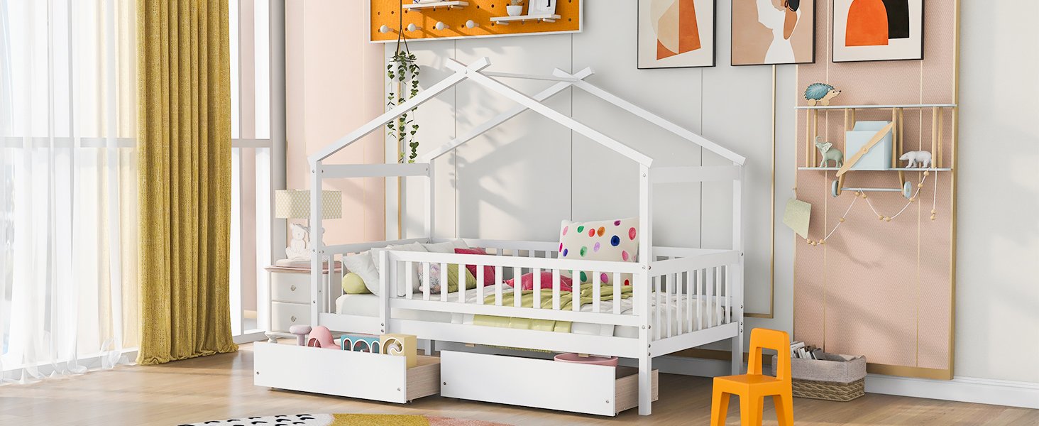 Twin Size House Bed With 2 Drawers - White - Image 17