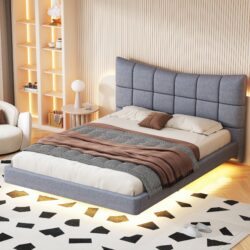 Full Size Upholstered Platform Bed With LED Lights, USB Ports And Outlets - Gray